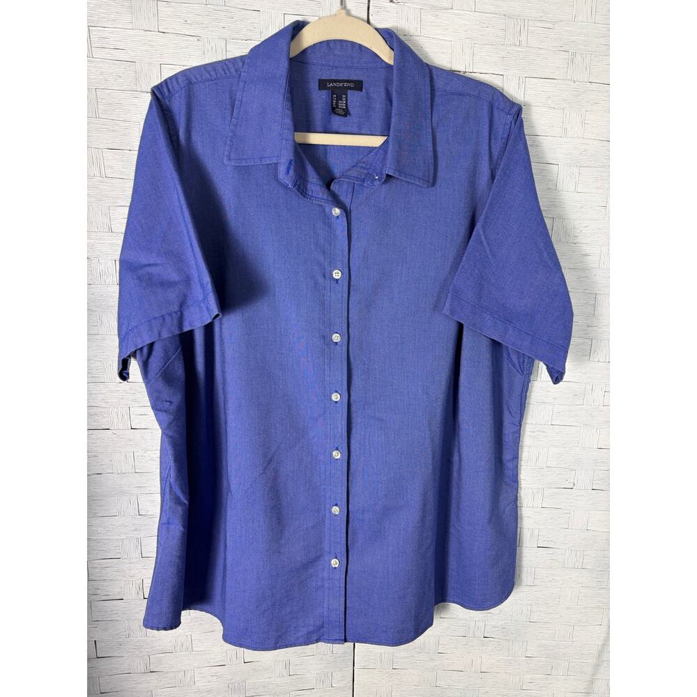 Lands'End women's blouse button up short sleeve blue career wear plus‎ size